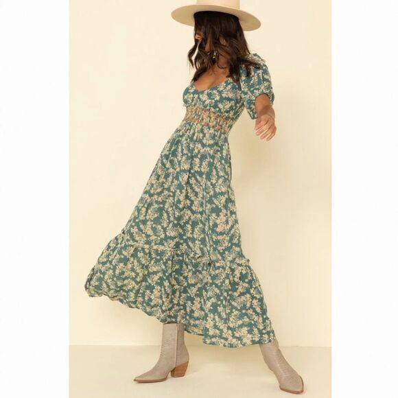 Free People Dresses & Skirts - Free People Ellie Boho Green Floral Puff Sleeve Smock Bodice Maxi Dress Sz S